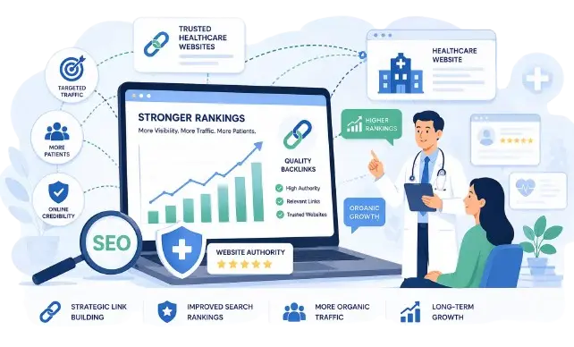Healthcare link building services improving SEO rankings, website authority, and organic patient growth